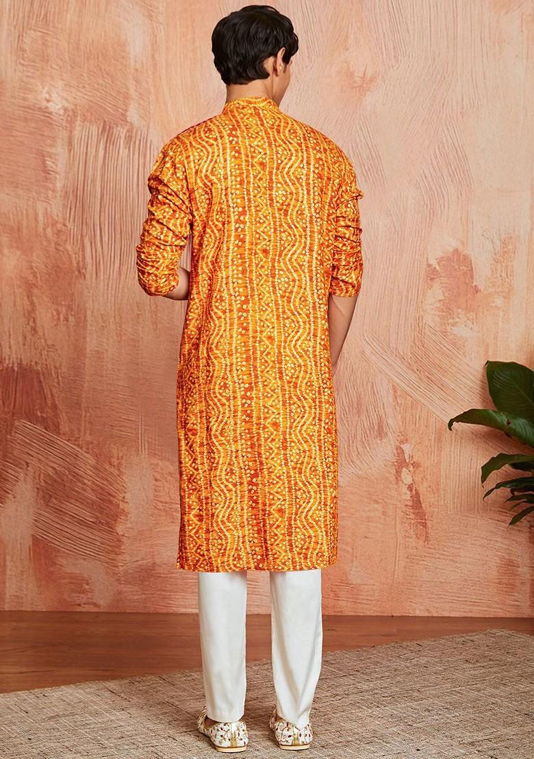 Mustard Bandhani Print Poly Blend Kurta Set For Men