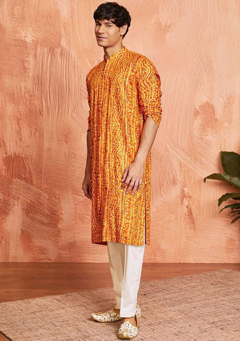 Mustard Bandhani Print Poly Blend Kurta Set For Men