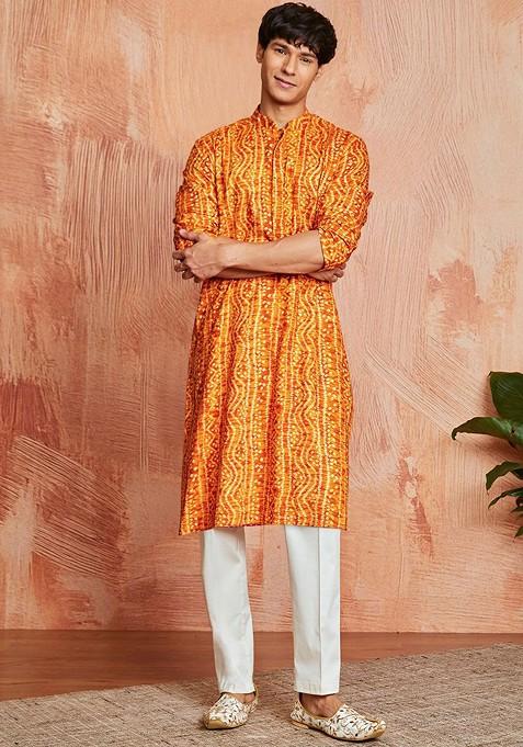 Mustard Bandhani Print Poly Blend Kurta Set For Men