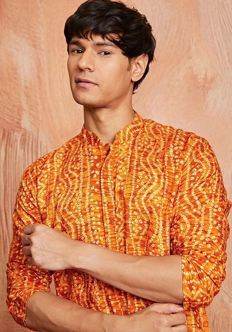 Mustard Bandhani Print Poly Blend Kurta Set For Men
