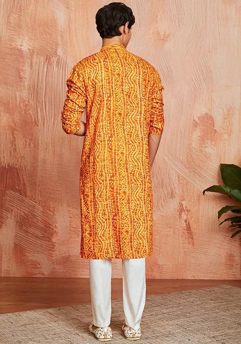 Mustard Bandhani Print Poly Blend Kurta Set For Men
