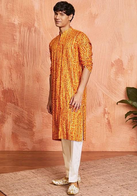 Mustard Bandhani Print Poly Blend Kurta Set For Men