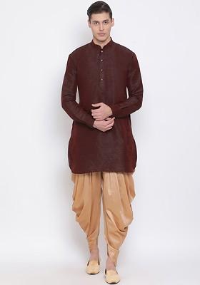 Burgundy Solid Poly Blend Kurta Set For Men