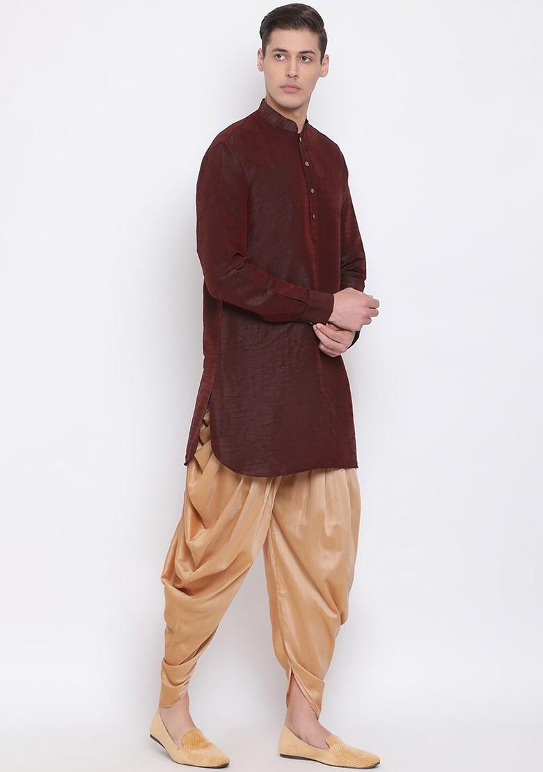 Burgundy Solid Poly Blend Kurta Set For Men