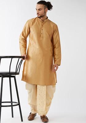 Beige Solid Poly Blend Kurta Set For Men