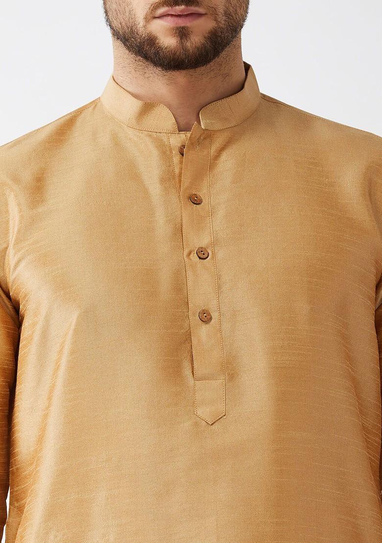 Beige Solid Poly Blend Kurta Set For Men