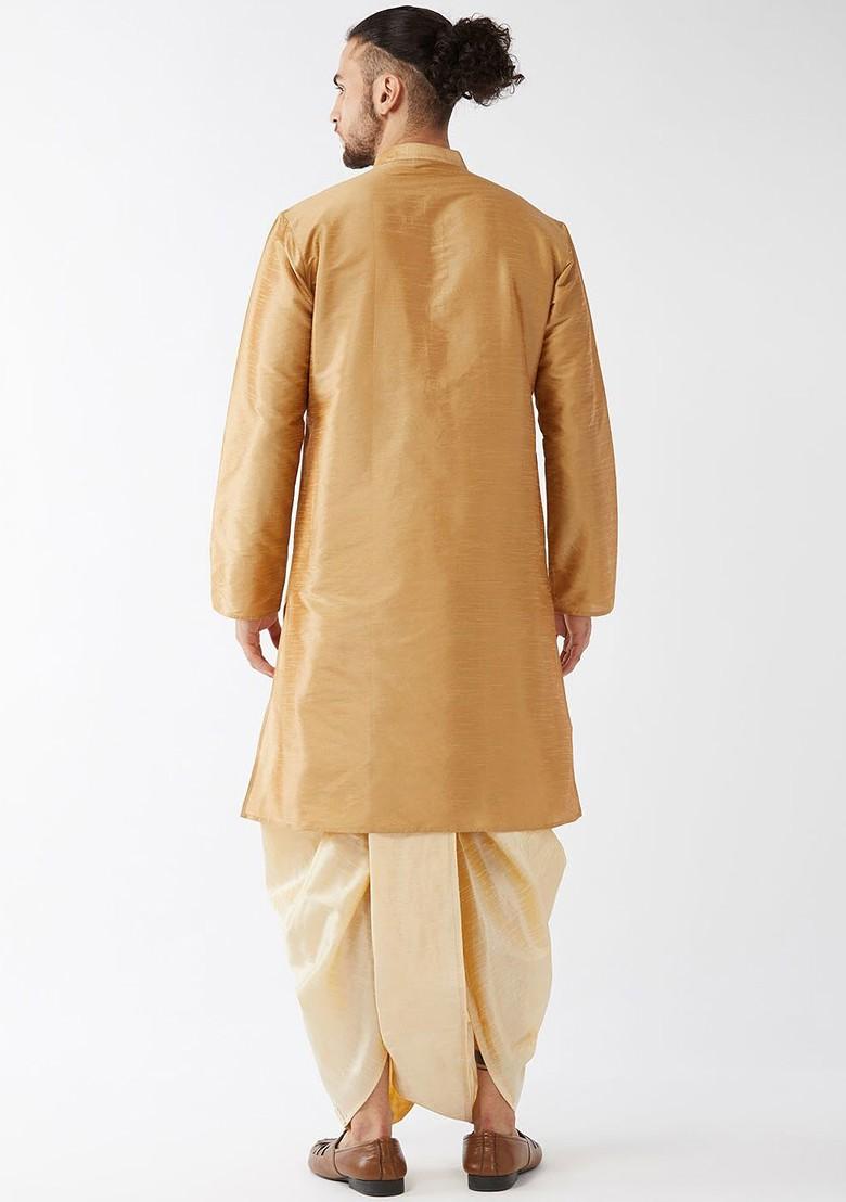 Beige Solid Poly Blend Kurta Set For Men