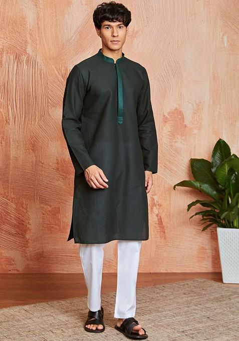 Green Embroidered Jacquard Kurta Set For Men