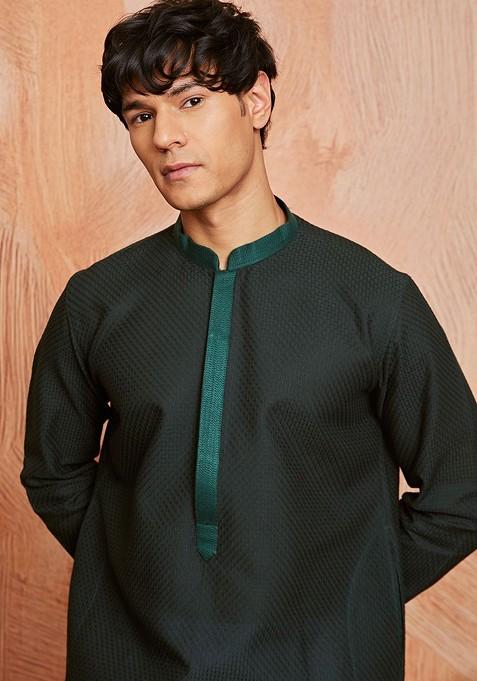 Green Embroidered Jacquard Kurta Set For Men