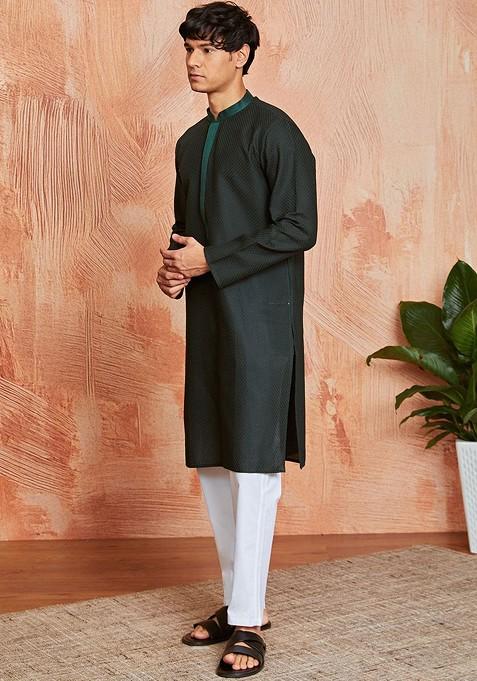 Green Embroidered Jacquard Kurta Set For Men