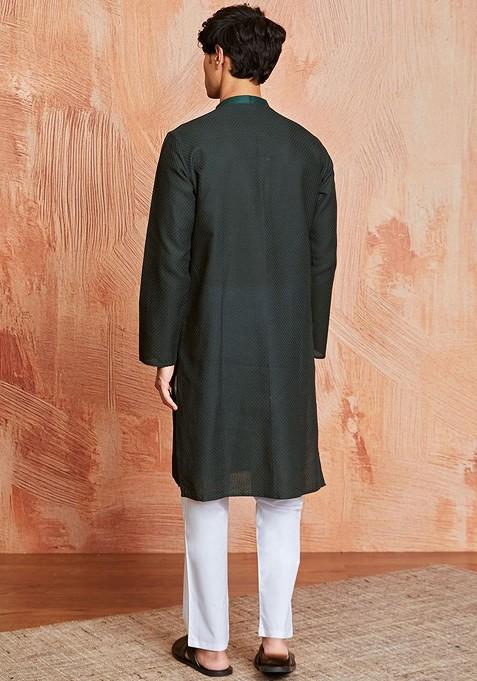 Green Embroidered Jacquard Kurta Set For Men