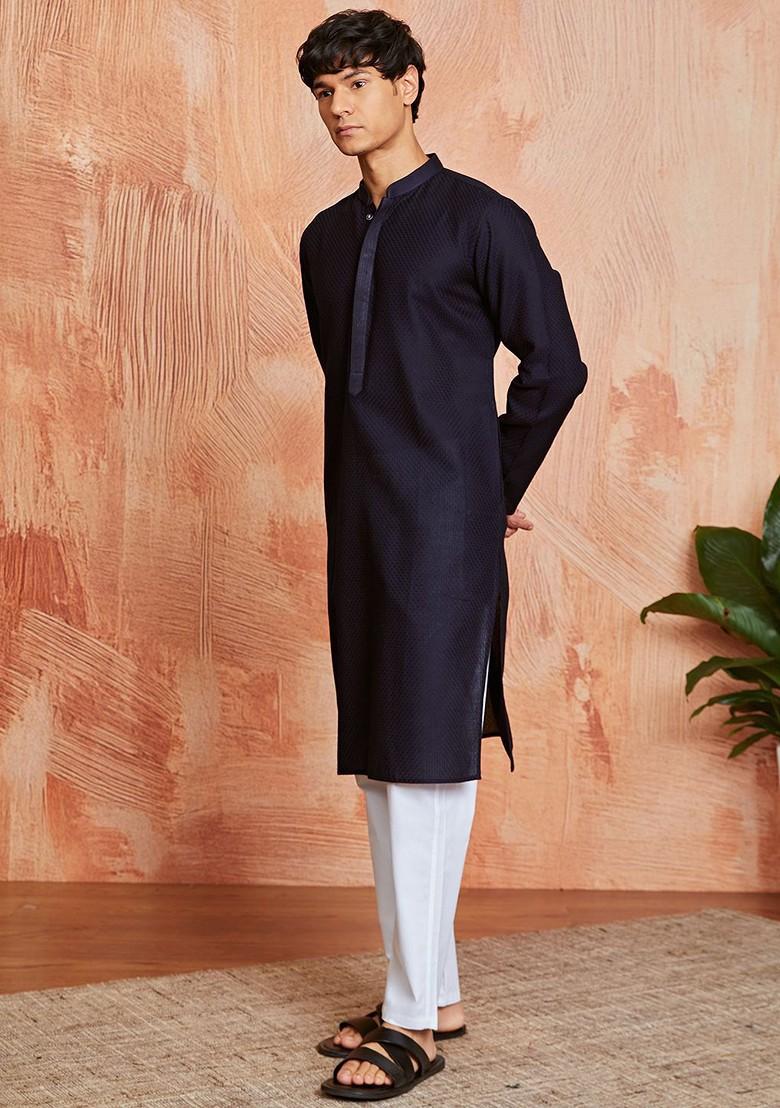 Black Solid Jacquard Kurta Set For Men