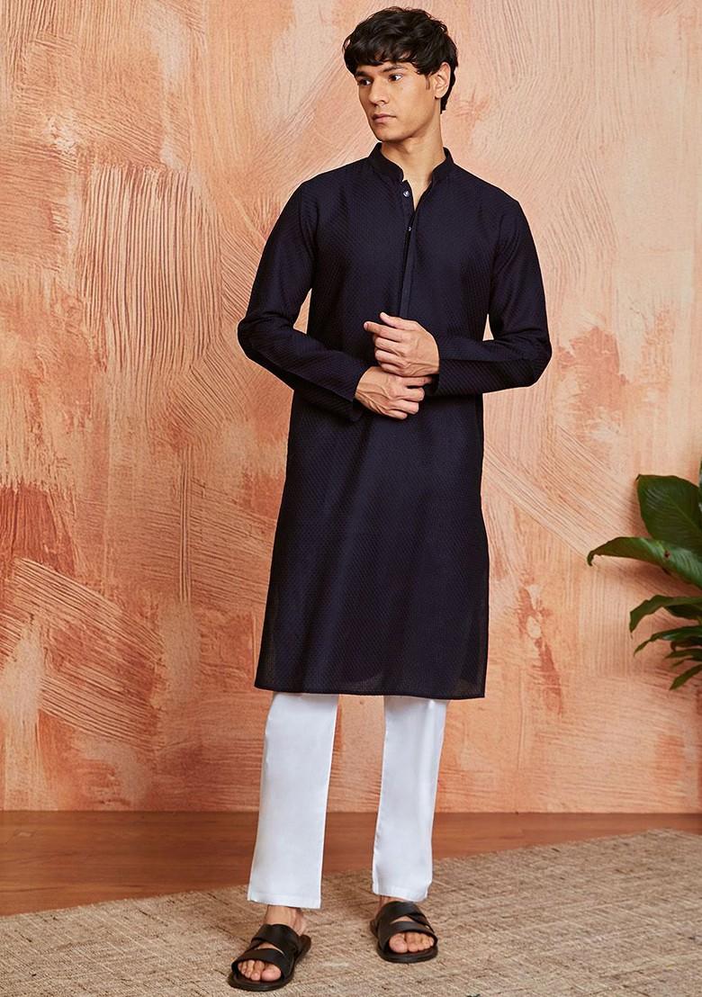 Black Solid Jacquard Kurta Set For Men