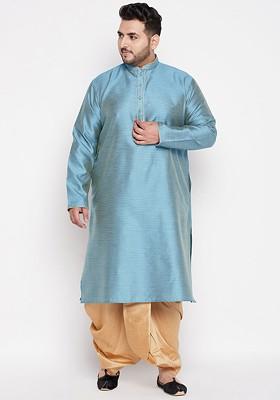 Blue Embroidered Poly Blend Kurta Set For Men