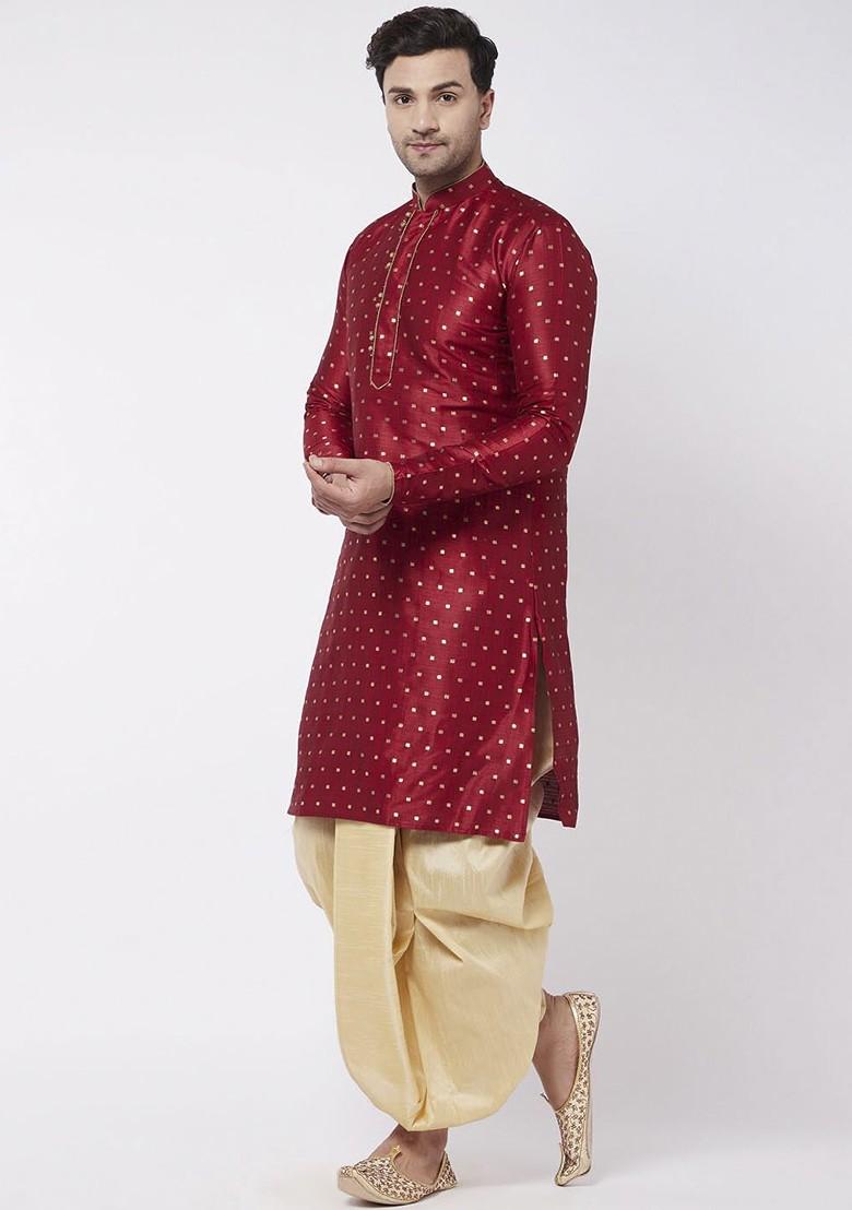 Maroon Woven Poly Blend Kurta Set For Men
