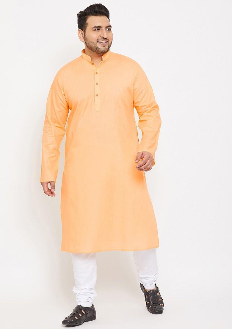 Orange Solid Poly Blend Kurta Set For Men