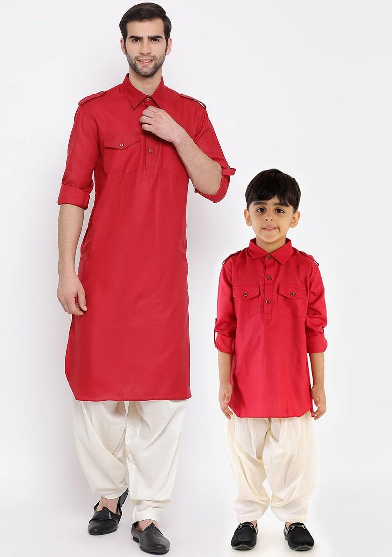 Red Solid Poly Blend Kurta Set For Men