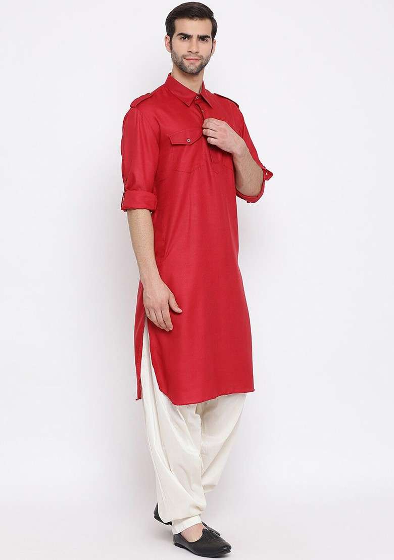 Red Solid Poly Blend Kurta Set For Men - Indya