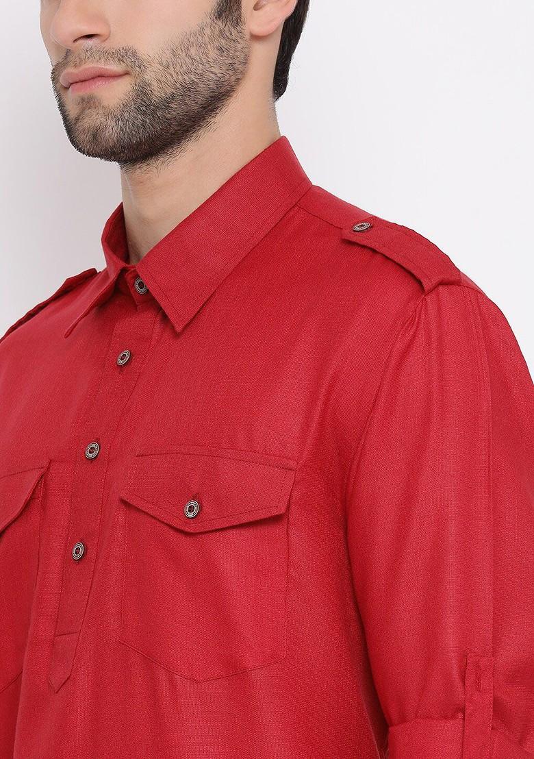 Red Solid Poly Blend Kurta Set For Men