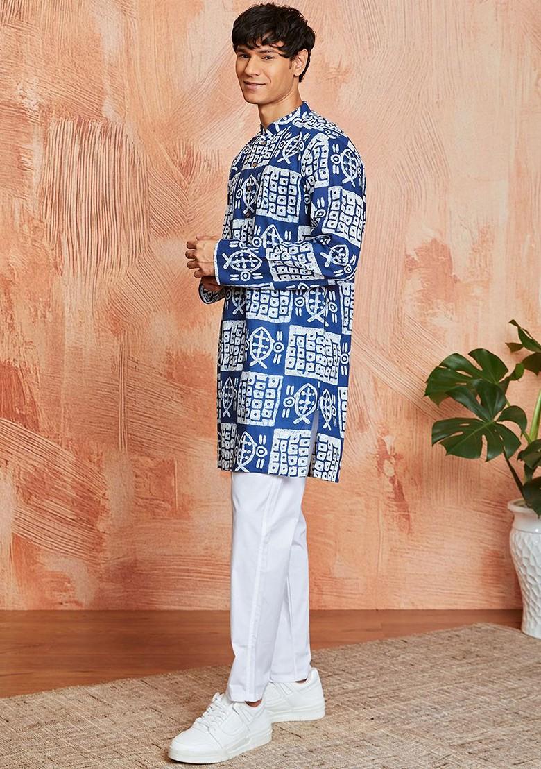 Blue Ethnic Motifs Poly Blend Kurta Set For Men