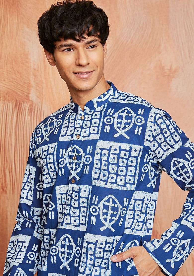 Blue Ethnic Motifs Poly Blend Kurta Set For Men - Indya