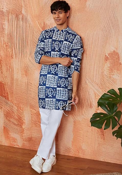 Blue Ethnic Motifs Poly Blend Kurta Set For Men — view on Indya