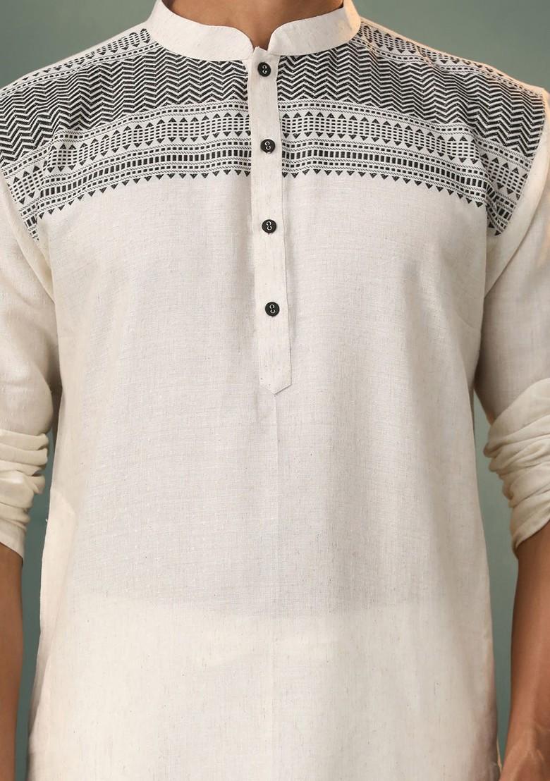 Cream Ethnic Motifs Cotton Kurta Set For Men