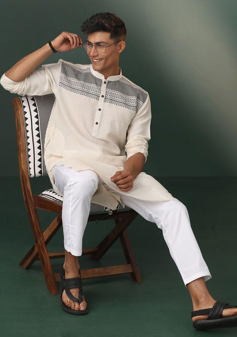 Cream Ethnic Motifs Cotton Kurta Set For Men