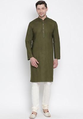 Green Solid Cotton Kurta Set For Men