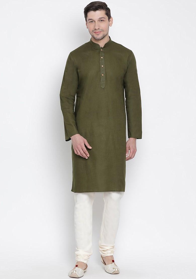 Green Solid Cotton Kurta Set For Men
