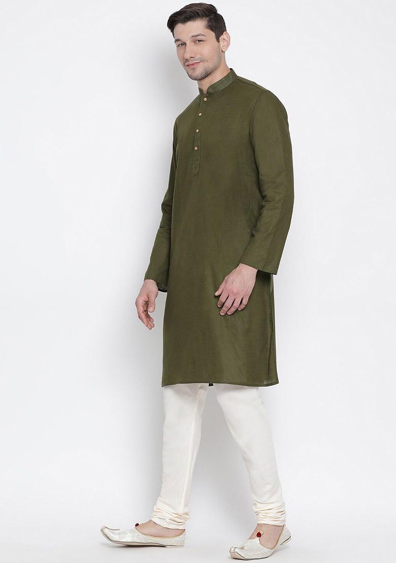 Green Solid Cotton Kurta Set For Men