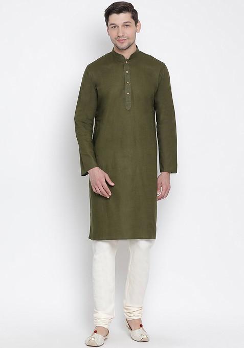 Green Solid Cotton Kurta Set For Men
