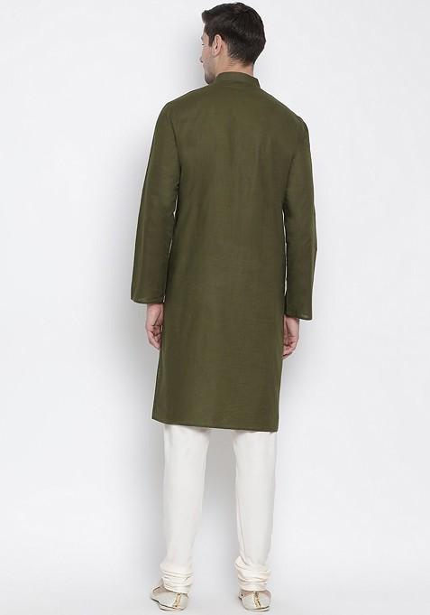 Green Solid Cotton Kurta Set For Men