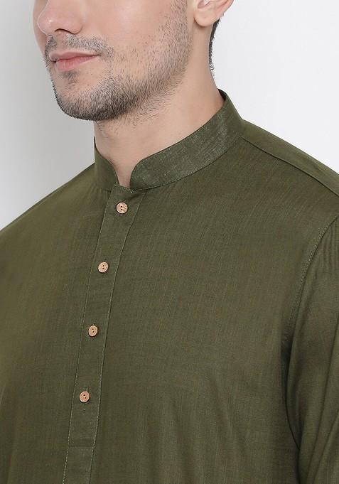 Green Solid Cotton Kurta Set For Men