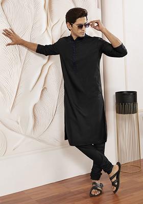 Black Thread Work Poly Blend Kurta Set For Men