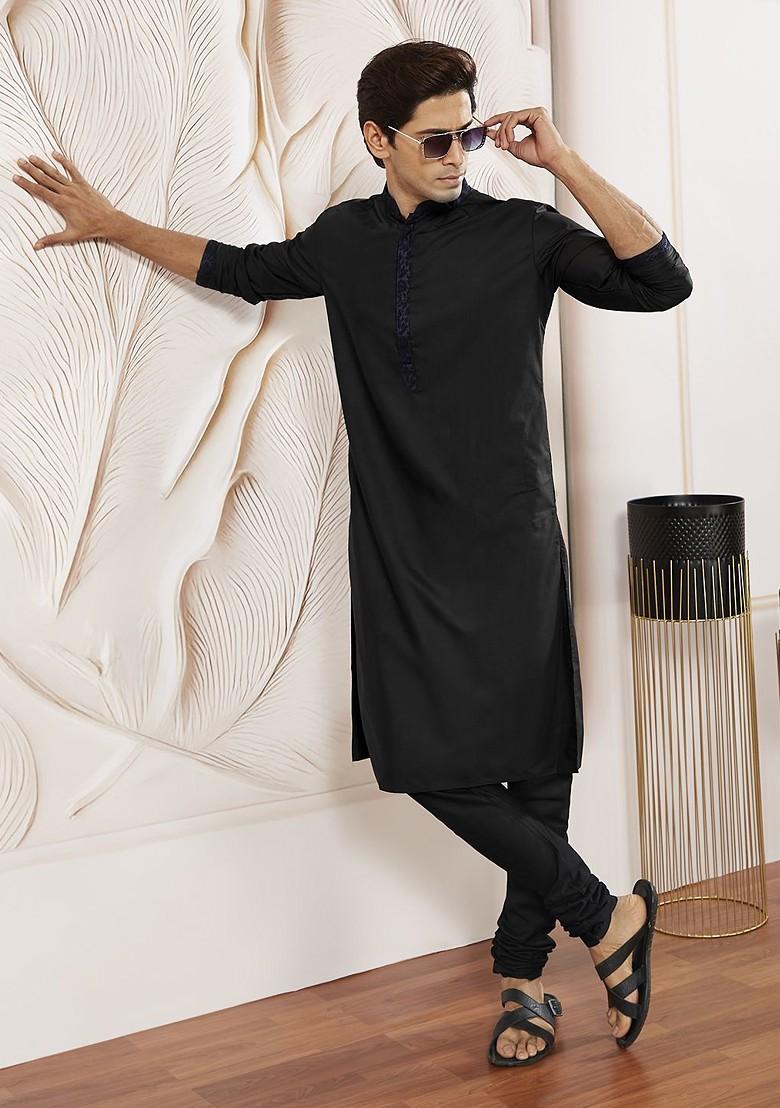 Black Thread Work Poly Blend Kurta Set For Men