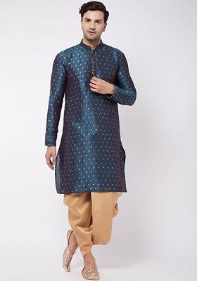 Blue Woven Poly Blend Kurta Set For Men