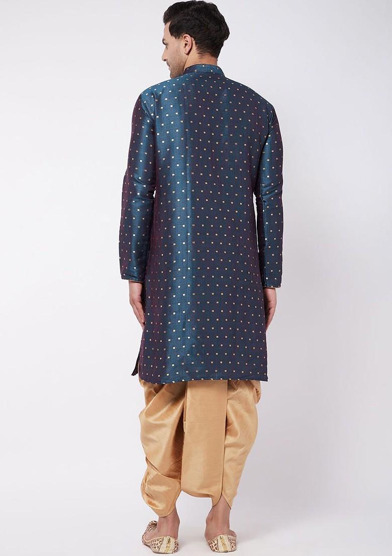 Blue Woven Poly Blend Kurta Set For Men