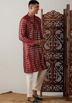 Maroon Ethnic Motifs Poly Blend Kurta Set For Men