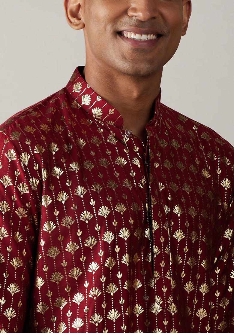 Maroon Ethnic Motifs Poly Blend Kurta Set For Men