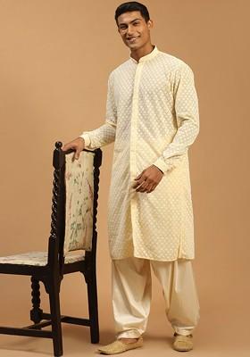 Yellow Embroidered Poly Blend Kurta Set For Men