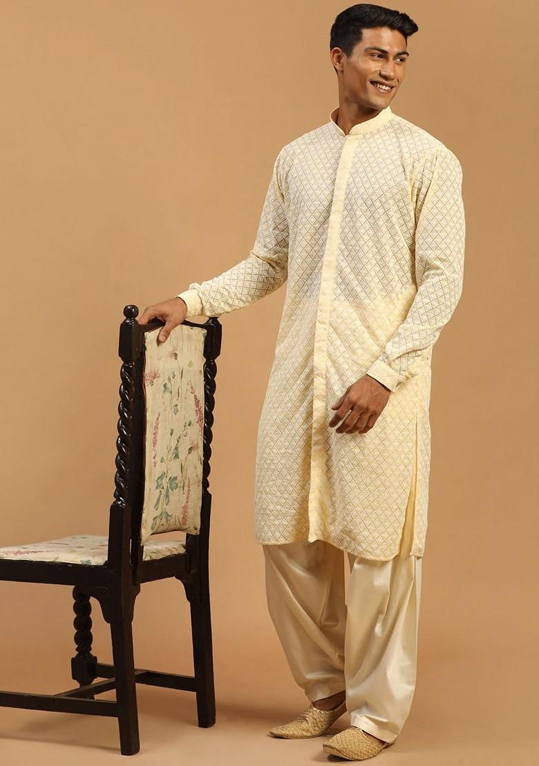 Yellow Embroidered Poly Blend Kurta Set For Men