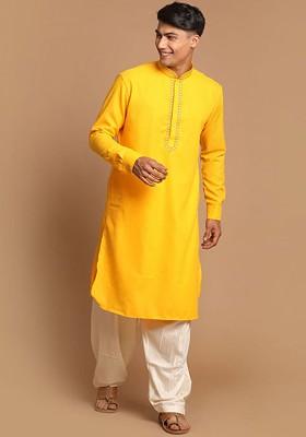 Yellow Solid Poly Blend Kurta Set For Men