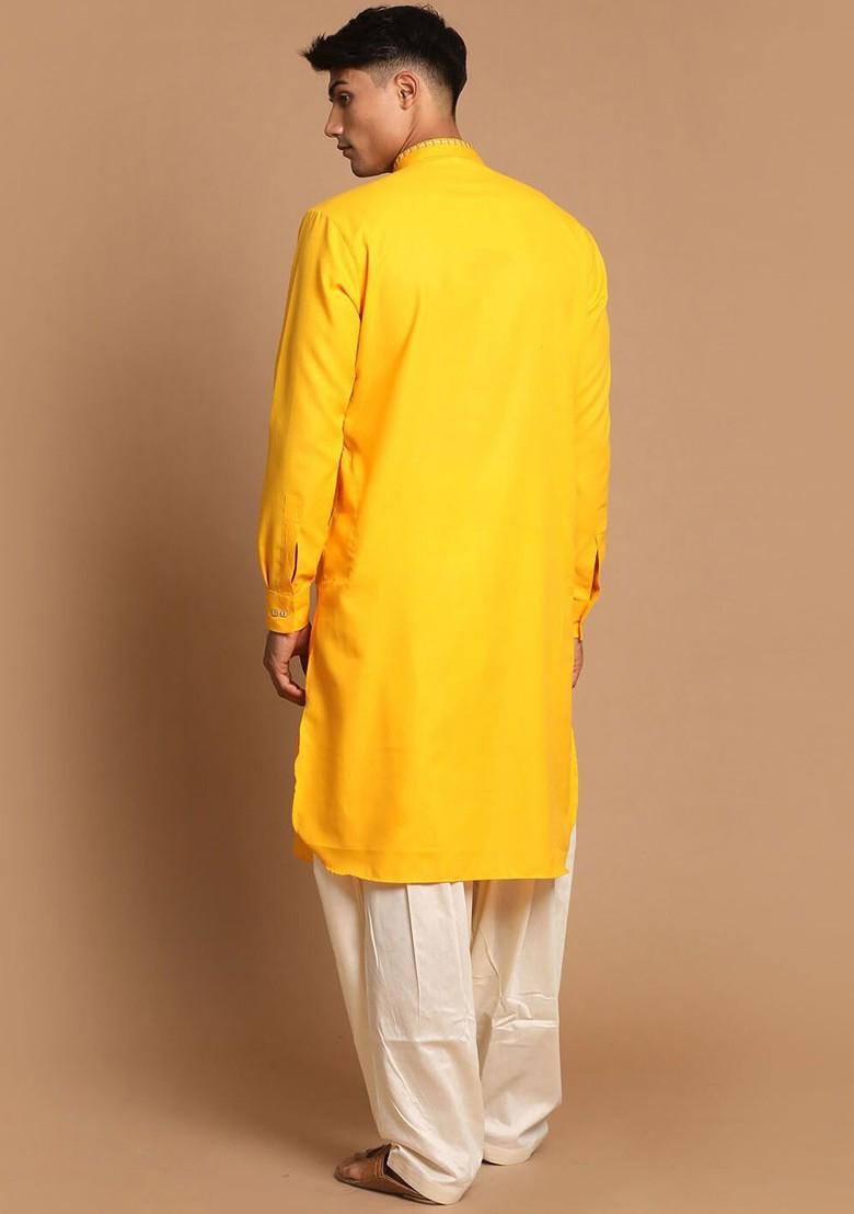 Yellow Solid Poly Blend Kurta Set For Men