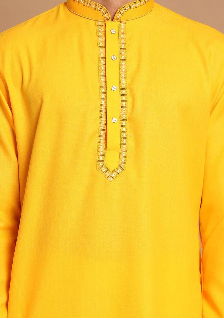 Yellow Solid Poly Blend Kurta Set For Men