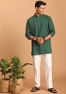 Green Striped Cotton Kurta Set For Men
