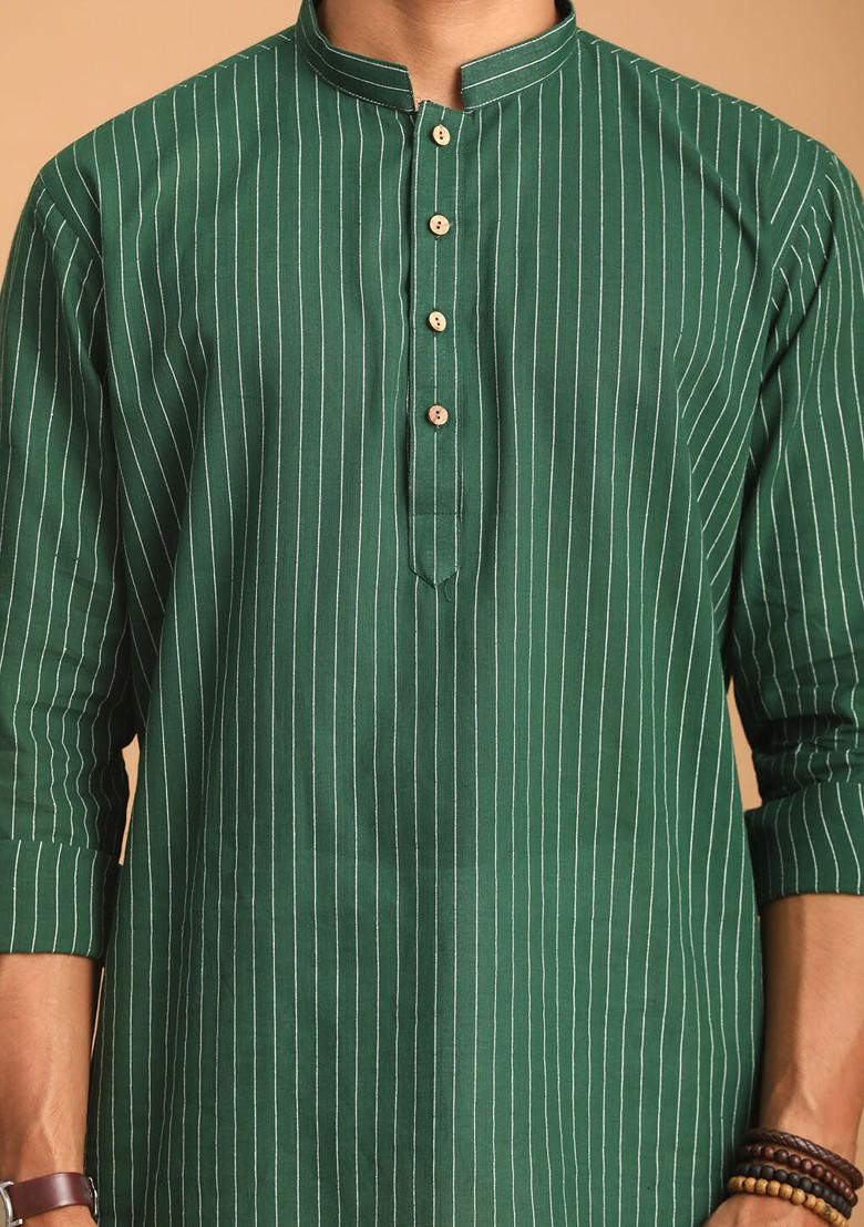 Green Striped Cotton Kurta Set For Men