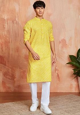 Yellow Solid Poly Blend Kurta Set For Men