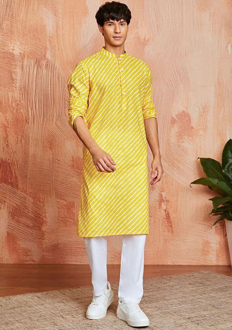 Yellow Solid Poly Blend Kurta Set For Men