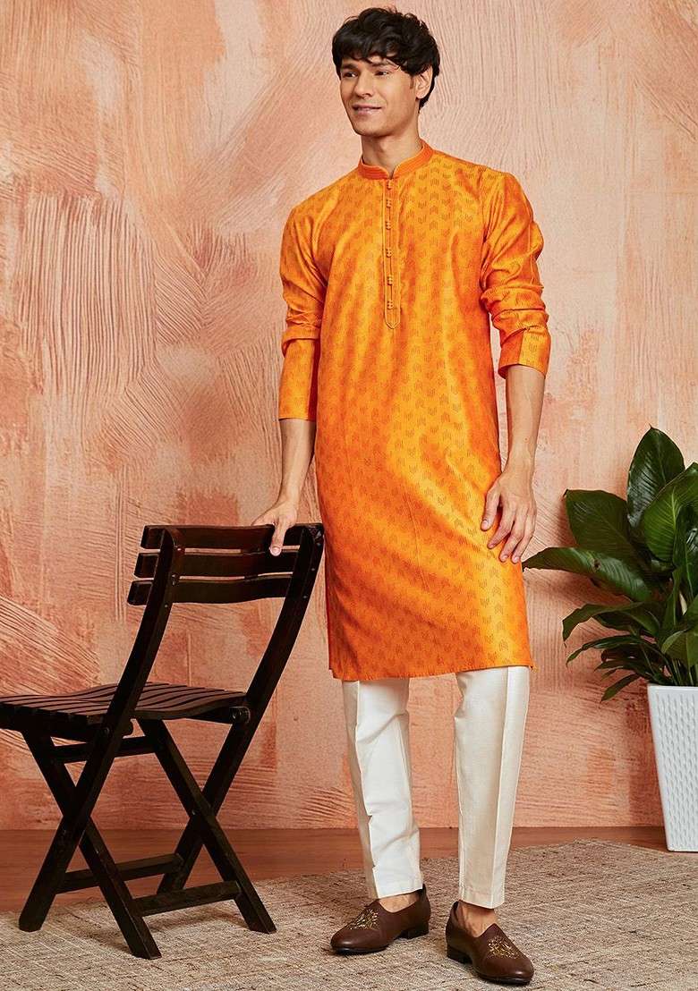 Orange Thread Work Poly Blend Kurta Set For Men - Indya